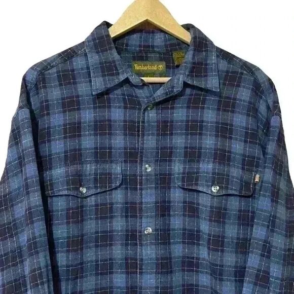 Timberland Flannel Men’s Large Blue Plaid Cotton Blend Long Sleeve Button Down - Picture 3 of 8